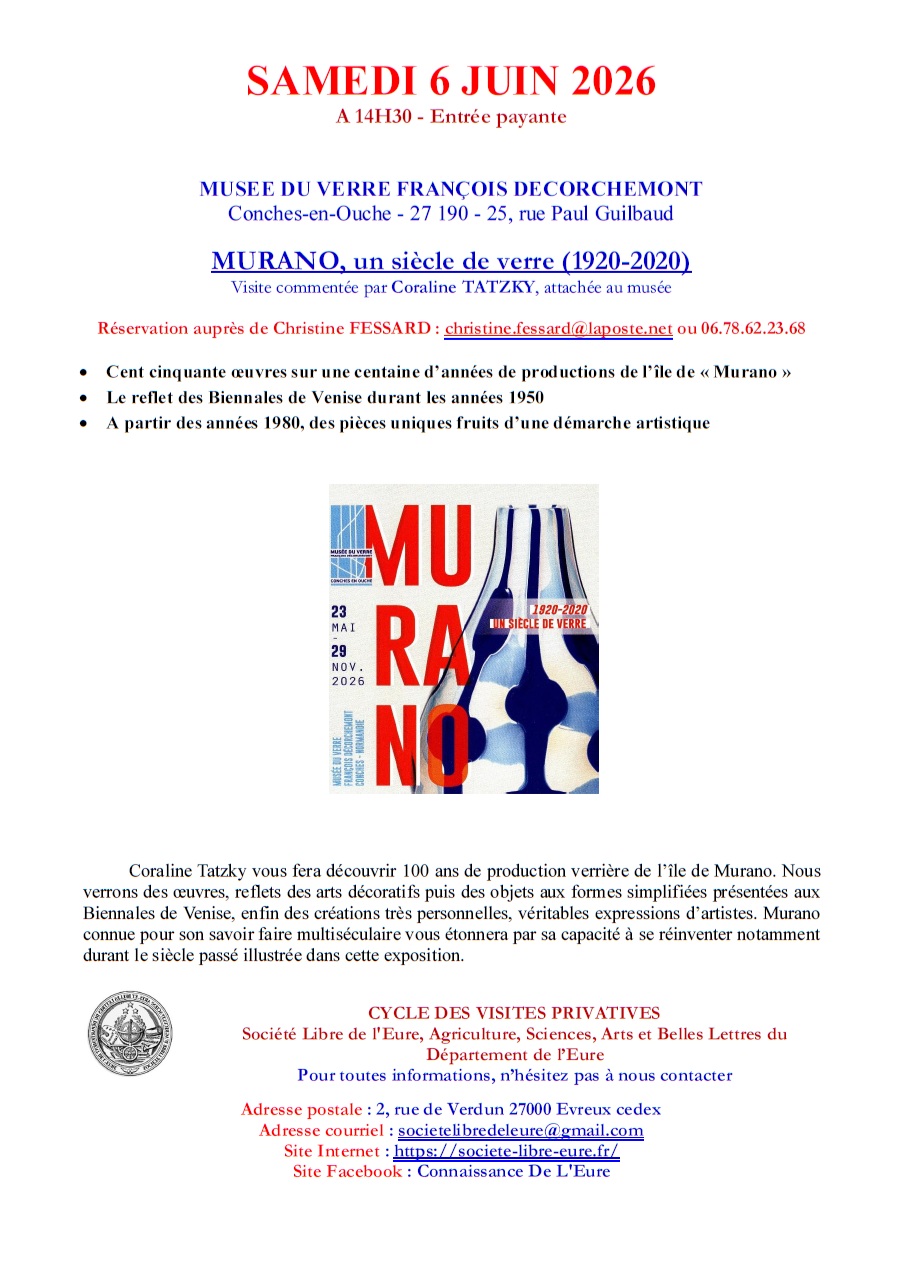 Visite de l&rsquo;exposition « MURANO, un siècle de verre (1920-2020) » au Muséee du Verre de Conches